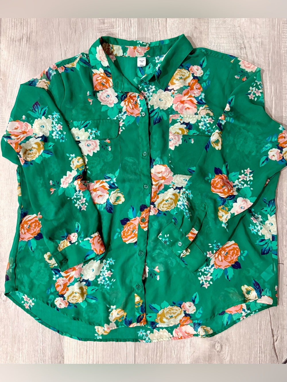 Old Navy Sheer Chiffon Green Floral Button-Down Collared Shirt